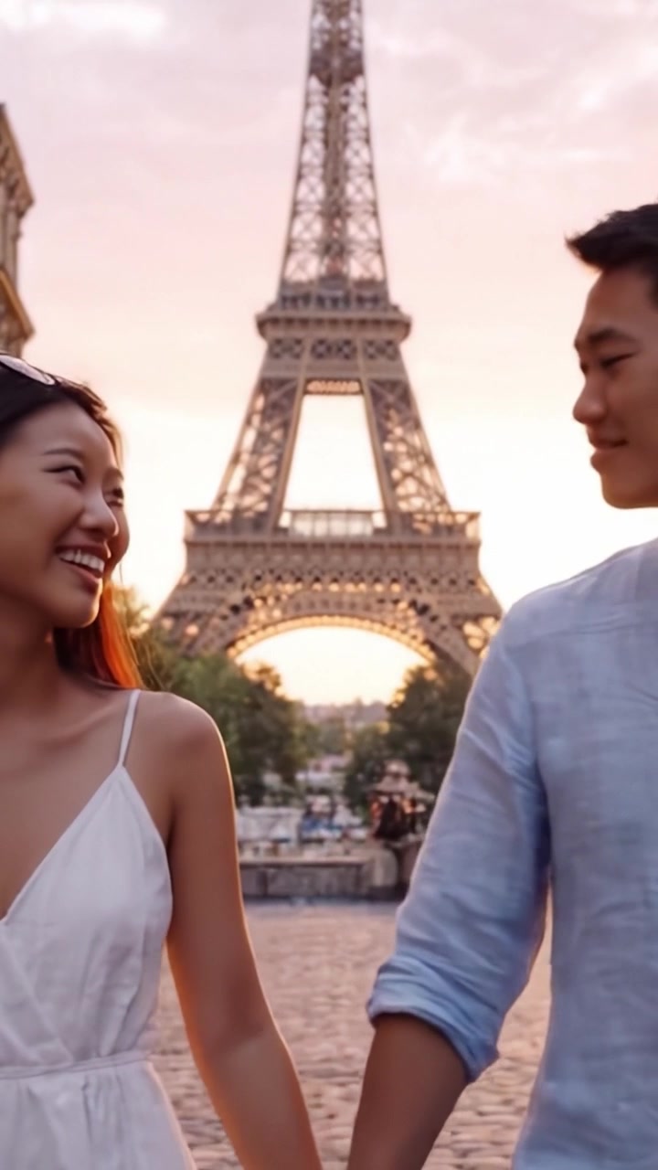 Una serata romantica alla Torre Eiffel: Una coppia si abbraccia mentre ammira il bellissimo tramonto, catturando un momento di gioia e connessione nel cuore di Parigi