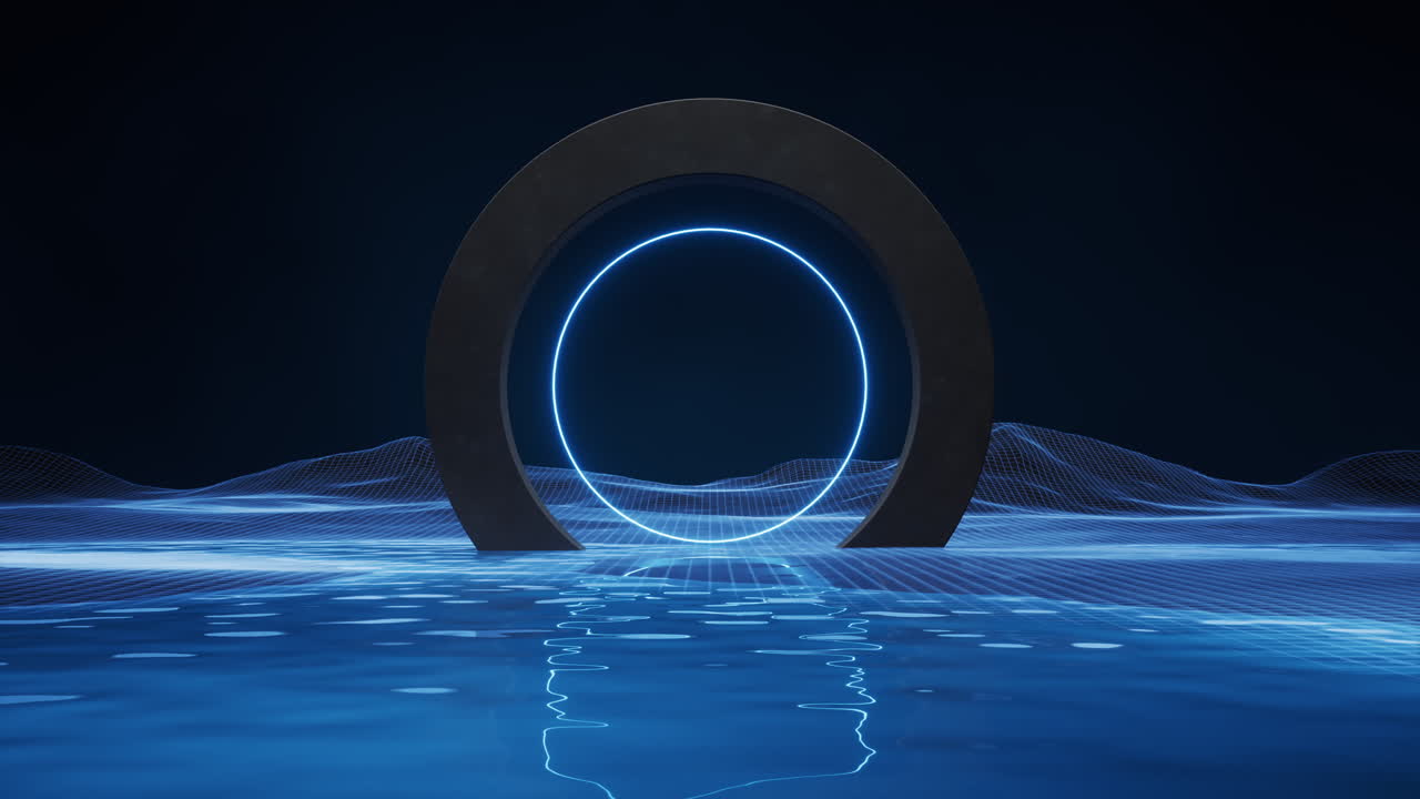 둥근 기하학적 문으로 된 디지털 공간, 3d 렌더링