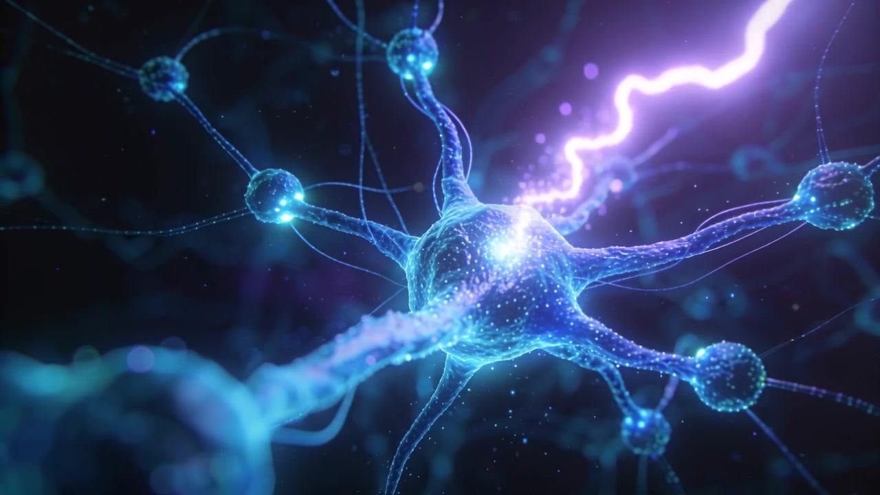 Soma neuronale che riceve un flusso di particelle viola, si illumina, invia un arco ed emette corpuscoli nello spazio profondo.