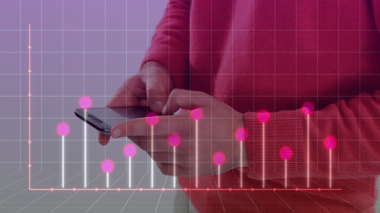 animación de gráfico en patrón de cuadrícula sobre la sección media de un hombre de pie y usando teléfono celular