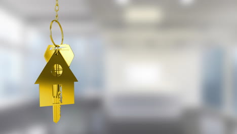 animation of gold key with house key fob and copy space over out of focus interiors