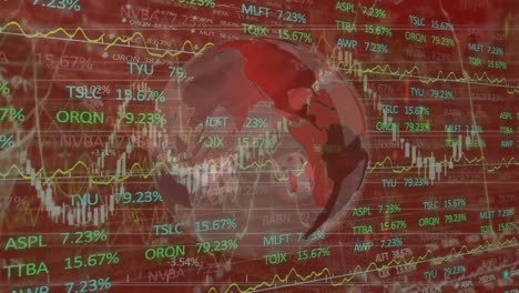 Animation-of-financial-data-processing-and-globe-over-dices-and-banknotes