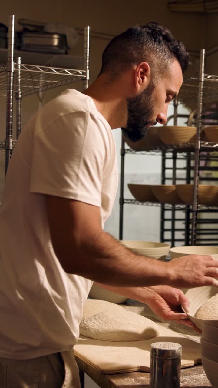 Baker Preparing Fresh Bread Dough in a Professional Kitchen