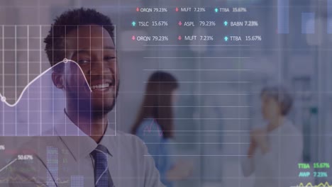 Animation-of-graphs,-trading-board-on-smiling-african-american-man-standing-arms-crossed-in-office