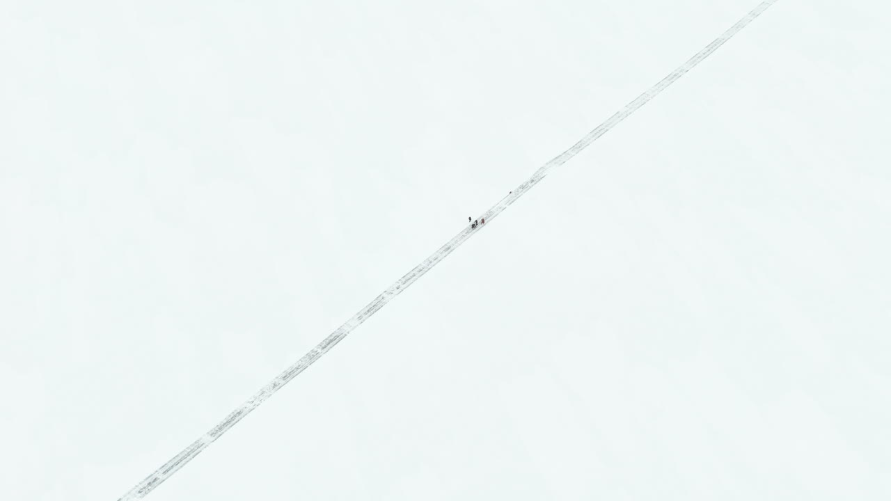 개 를 가진 가족 은 얼어붙은 호수 나 바다 얼음 에 있는 대각선 얼음 도로 를 따라 고 있다