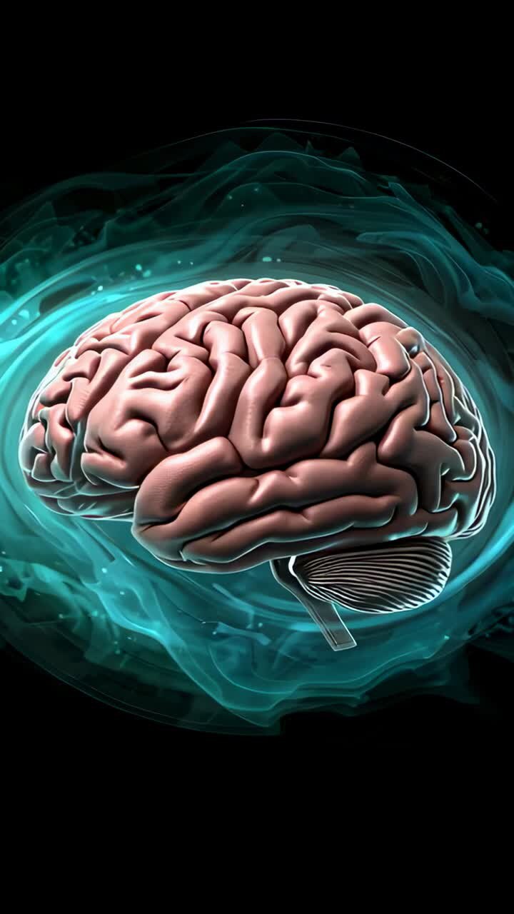 Vertical video: Rotating 3D brain at start revealing convolutions in black void, with teal aura