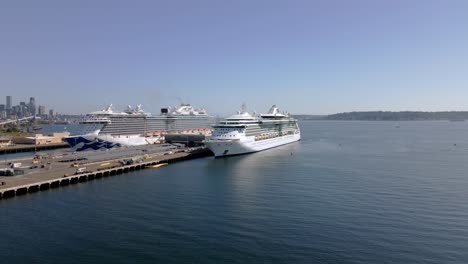 view of two cruise liners docked in seattle, wa usa