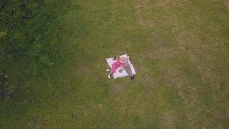 picnic familiar de fin de semana en el parque. vista aérea. una pareja de ancianos se acuestan en una manta en el prado de hierba verde