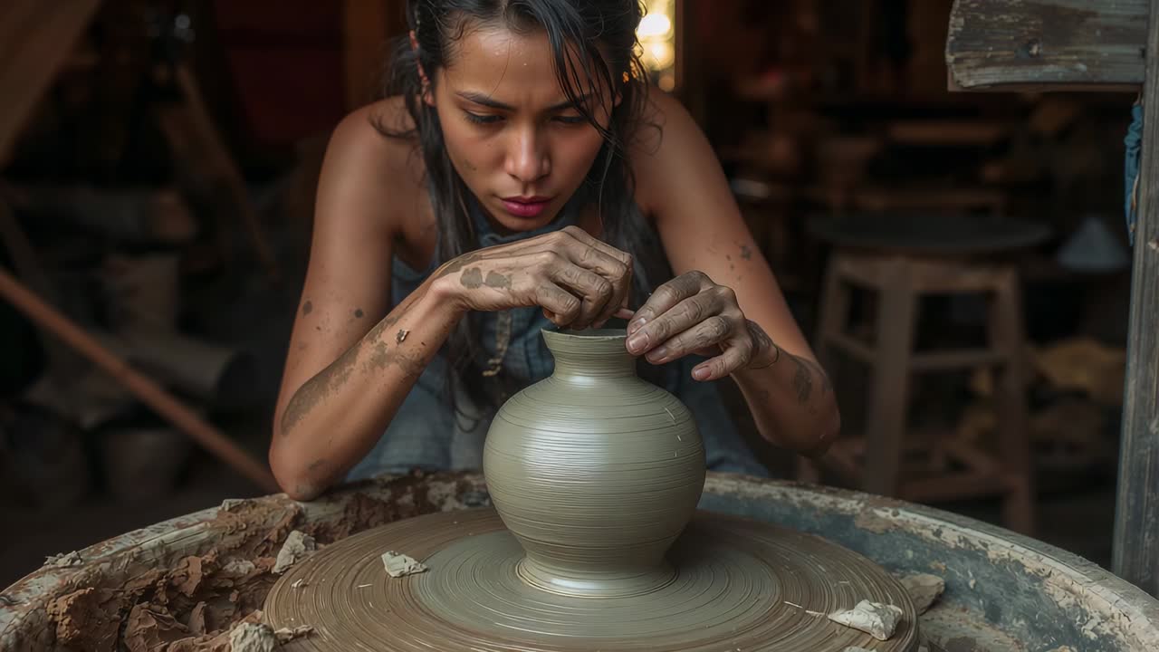 Ruota che gira mentre il vasaio modella il collo del recipiente per creare un bordo uniforme in un laboratorio con una canotta