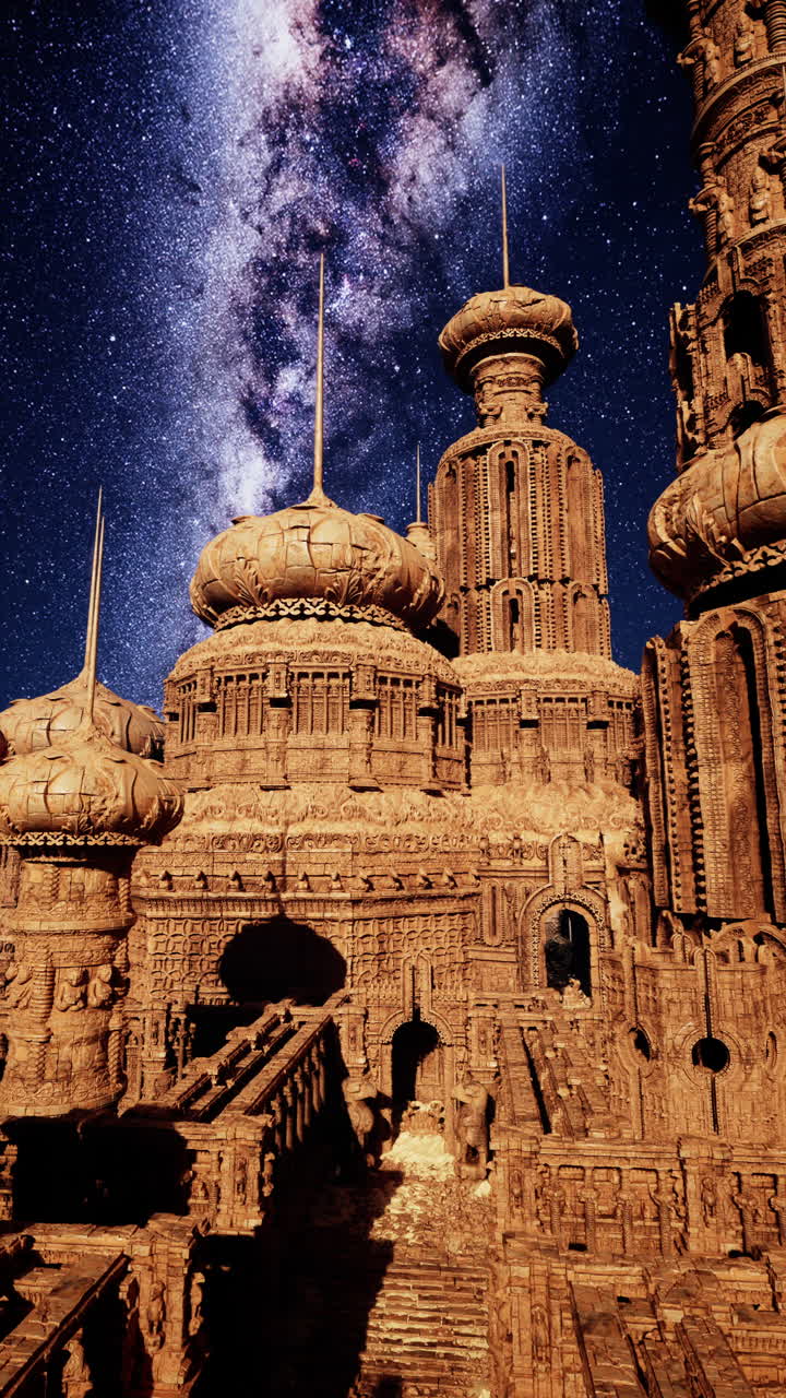 un edificio de arquitectura de fantasía por la noche con la galaxia de la vía láctea en el cielo