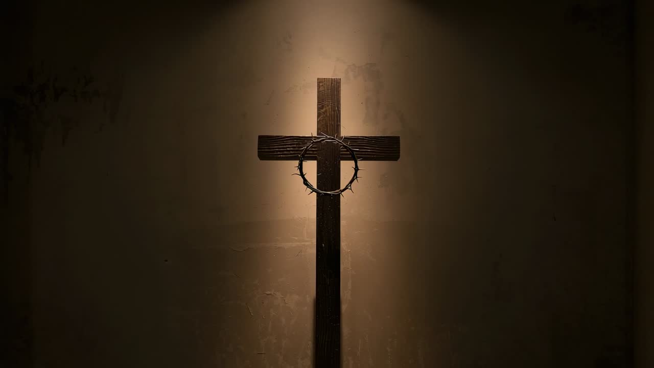 Camera panning out in chapel alcove, revealing wooden cross wearing crown of thorns in spotlight