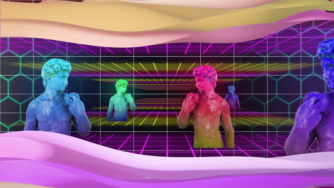 Animation of colourful shapes moving over sculptures