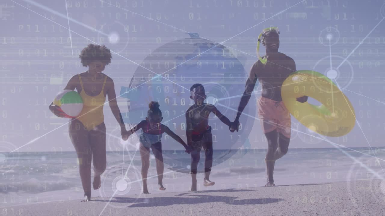 Animation of globe over happy african american family at beach