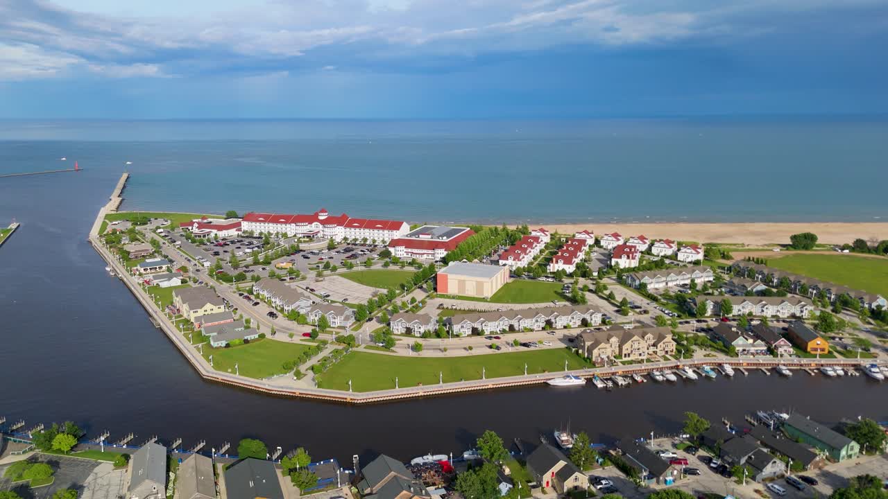 Drone shot of Sheboygan's South Pier at sunset in the summer