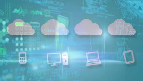 animazione di nuvole digitali, icone tecnologiche e elaborazione dei dati su sfondo blu