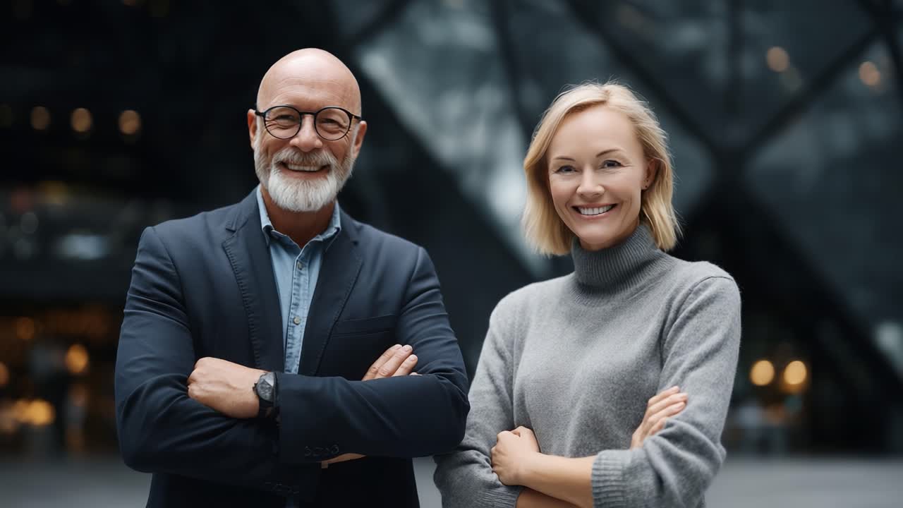 To professionelle smiler selvsikkert foran moderne arkitektur og udstråler positivitet og imødekommenhed, mens de fremviser styrken i teamwork og forbindelse