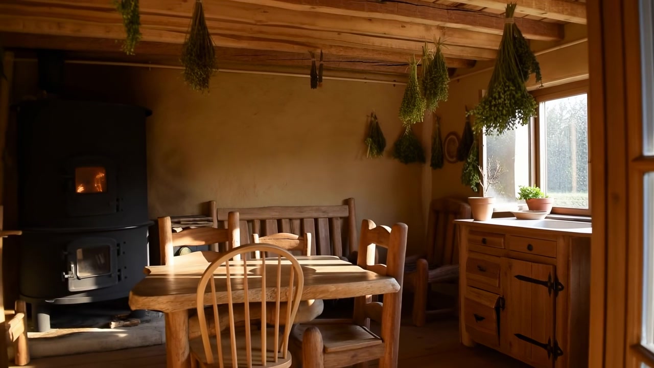 Cucina rustica di cottage illuminata dal sole con erbe aromatiche appese alle travi di legno, stufa a legna incandescente, tavolo di legno