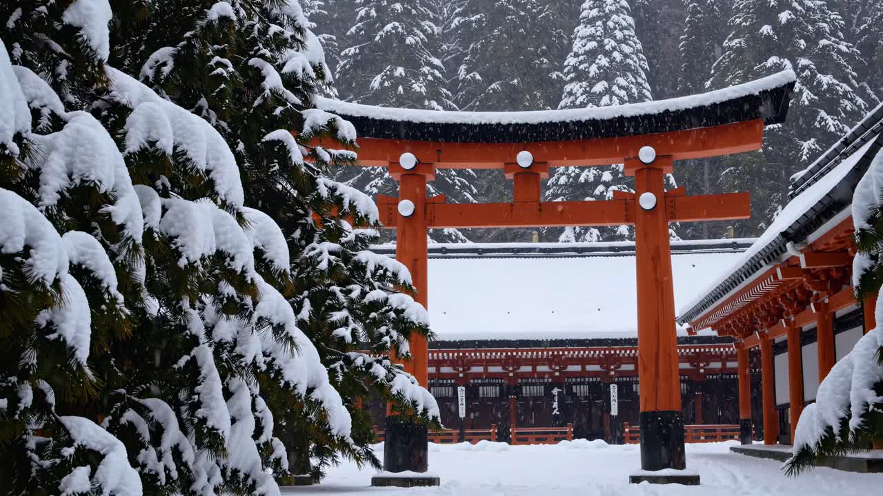 A serene winter scene of a snow-covered Japanese shrine captured from a low angle