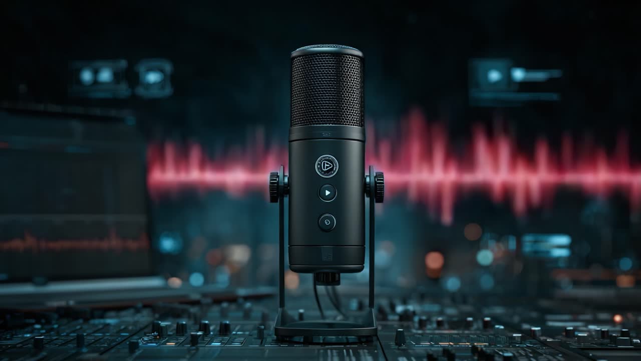A High-Quality Microphone Captured in an Elegant Setup, Showcasing Audio Waves and Modern Technological Elements in a Studio-Like Environment