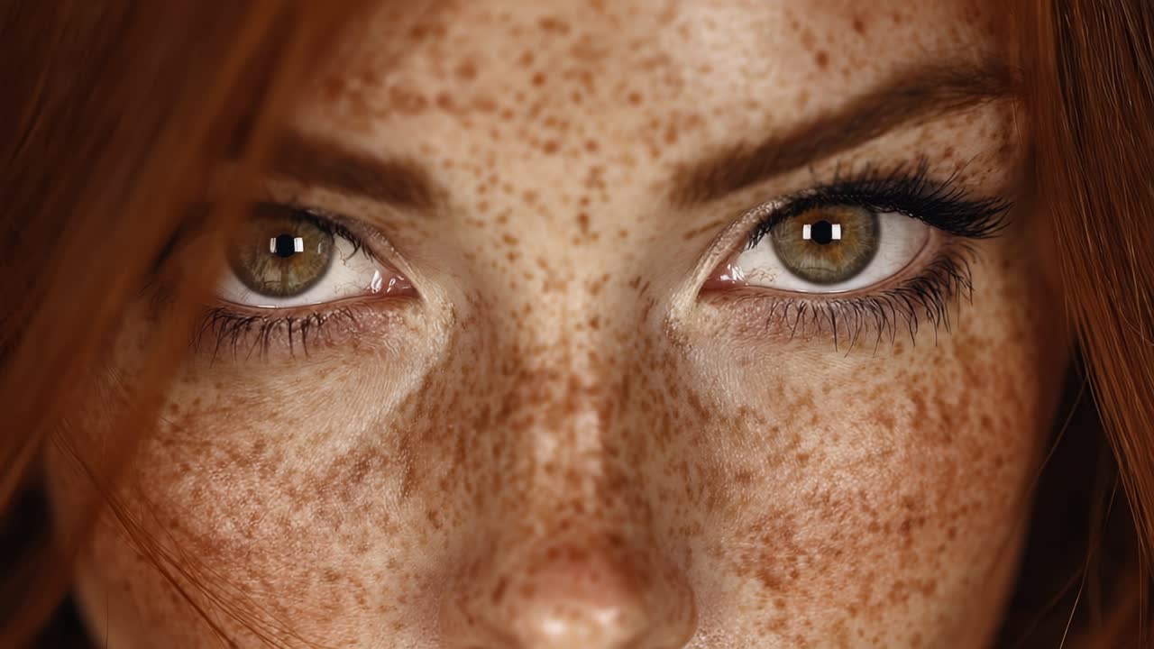A Captivating Close-Up of a Young Woman with Enchanting Green Eyes and Vibrant Freckles, Highlighting Her Unique Beauty and Expression in Stunning Detail