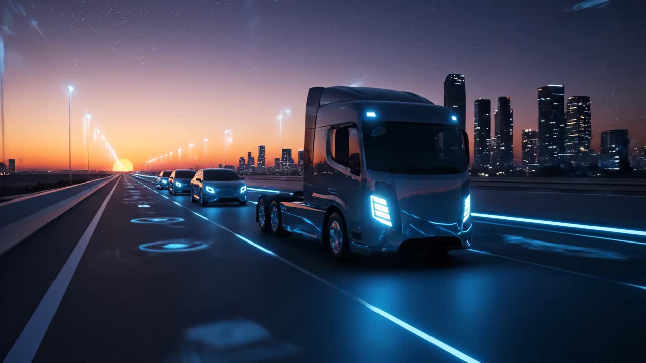 Autonomous Trucks on a Smart Highway at Sunset