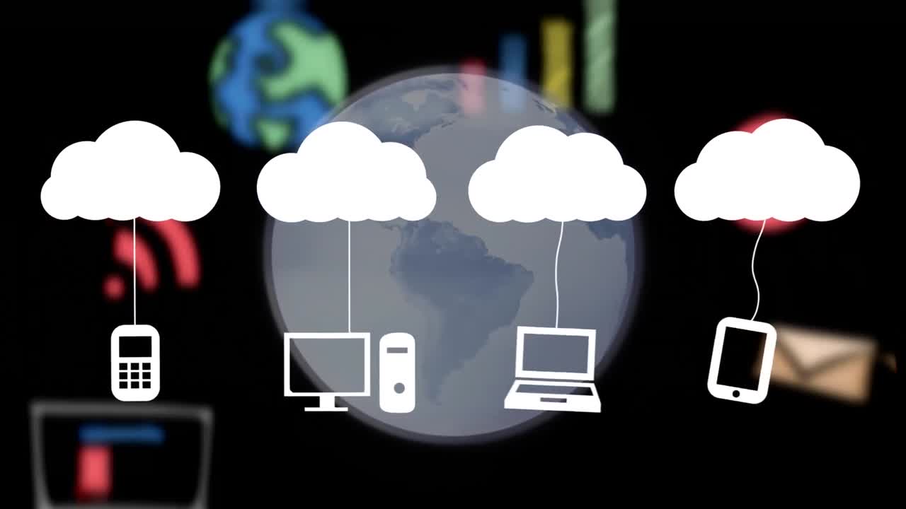 animación del globo con nubes digitales e iconos y red de conexiones