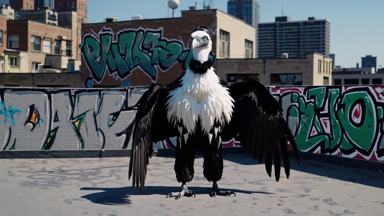 Unique bird character with striking black and white feathers spreads wings dramatically on urban rooftop, showcasing vibrant graffiti backdrop and dynamic movement sequence
