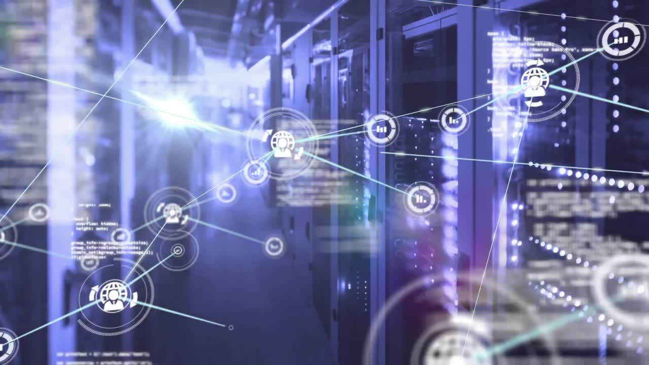 Animation of network of connections with icons over computer servers