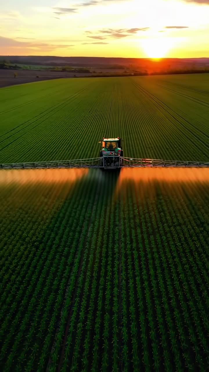 Video aereo di un trattore che spruzza i raccolti al tramonto, con vivaci campi verdi