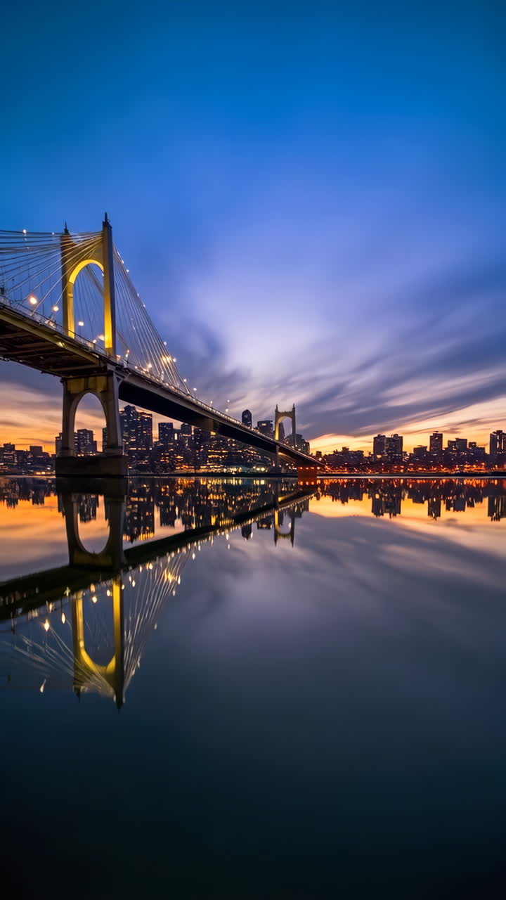 Illuminated Bridge and City Skyline at Dusk Reflected in Water