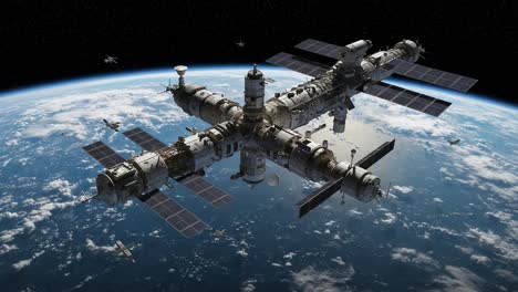 a breathtaking view of a space station orbiting the earth, showcasing its intricate design and advanced technology against the backdrop of the blue planet below