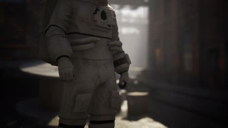 lost astronaut near abandoned industrial buildings of old factory