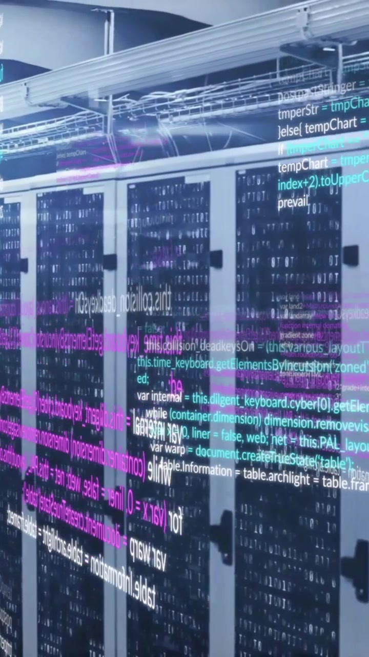 Animation of layers of blue, pink and white text data processing over server room