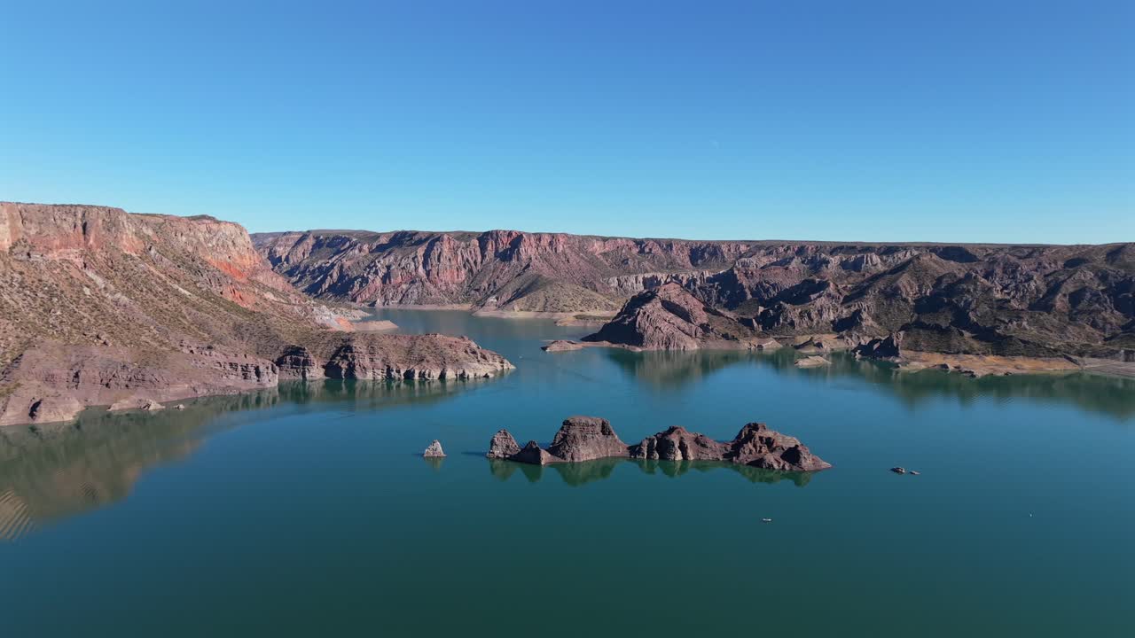 Drone shot of Atuel Canyon and Valle Grande reservoir in Mendoza Argentina, natural beauty and travel destination