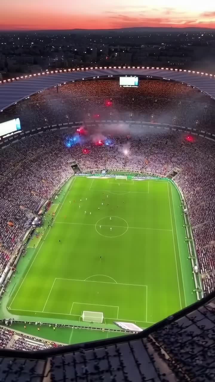 Video aereo di uno stadio gremito al tramonto, che cattura la vivace atmosfera dall'alto