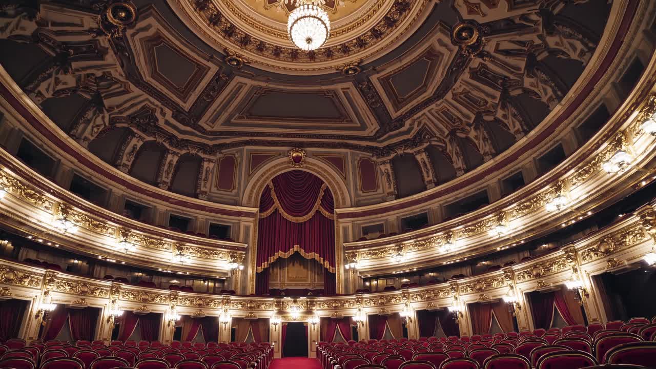 Ornate theater interior with red seats and grand chandelier, captured from a low-angle, perfect