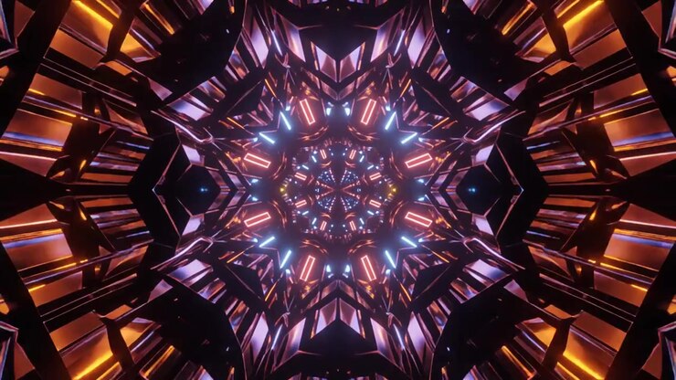 Túnel abstrato futurista com luzes neon laranja e azuis brilhantes