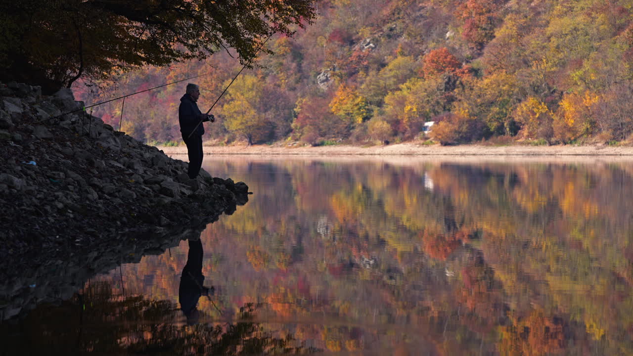 Fisherman on a lake during fall
