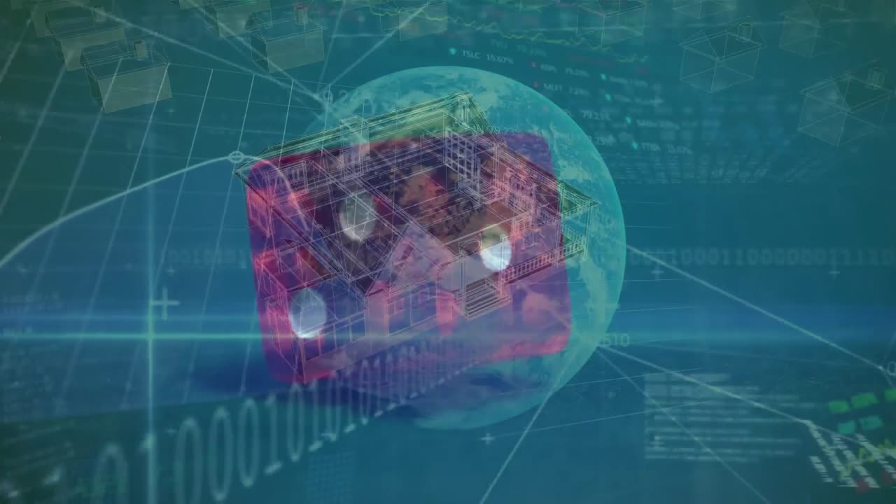 금융 데이터 처리에 대한 애니메이션과 도자 위에 디지털 하우스를 가진 지구