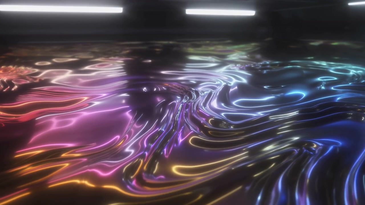 Glossy abstract composition with flowing pink, purple, blue, and gold light streaks over a dark background, featuring bright horizontal highlights and a