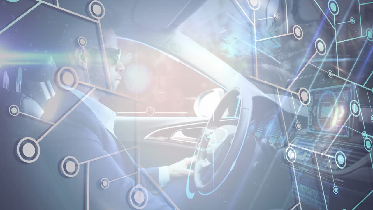 Man driving, adjusting hands as system activating, nodes filling windshield HUD enabling auto tech
