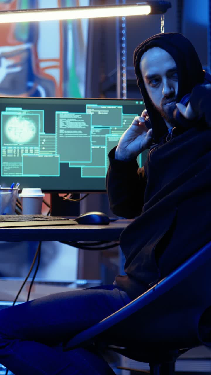 Vertical video Hacker anxiously looking over shoulder, afraid of being caught and going to jail