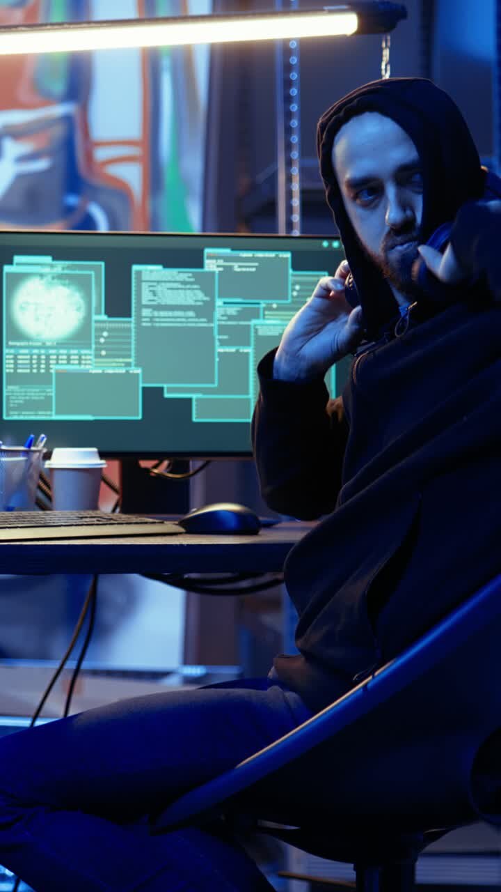 En vertikal video af en nervøs hacker, der kigger sig over skulderen i angst for at blive opdaget og komme i fængsel