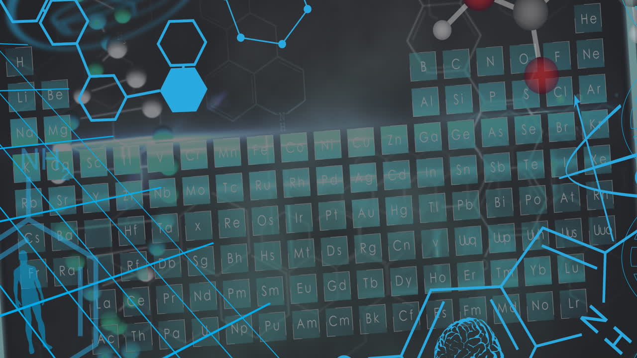 animación de íconos y símbolos químicos sobre un fondo negro