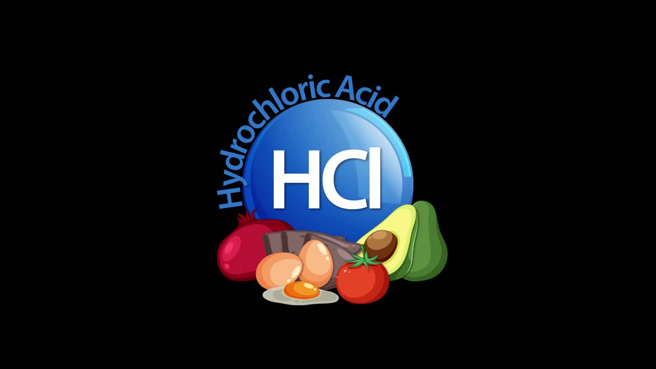 A blue hydrochloric acid (HCl) icon animates downward, revealing its full name and surrounding stylized fruits and vegetables on a black background