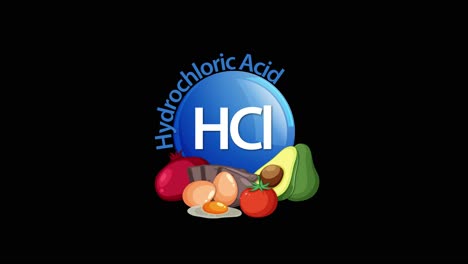 a blue hydrochloric acid (hcl) icon animates downward, revealing its full name and surrounding stylized fruits and vegetables on a black background