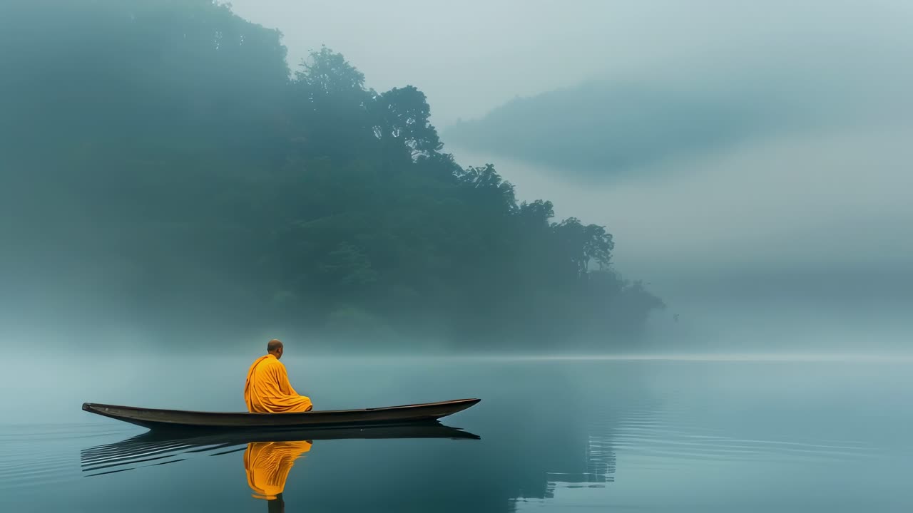 Monk in a Boat on a Misty Lake