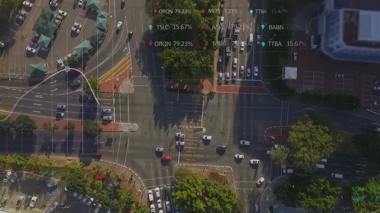 animación del procesamiento de datos financieros sobre el paisaje urbano