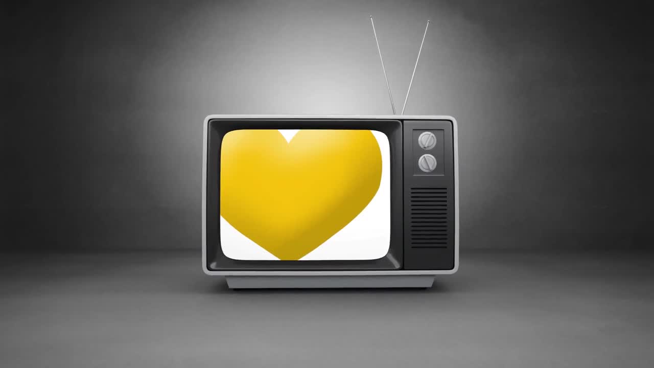 Animazione digitale di un'icona di cuore giallo su schermo televisivo su sfondo grigio.