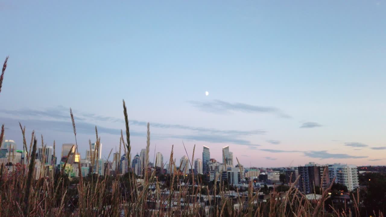 저녁 랙 초점 기울기 캘거리 앨버타 캐나다에서 달과 잔디와 스카이 라인